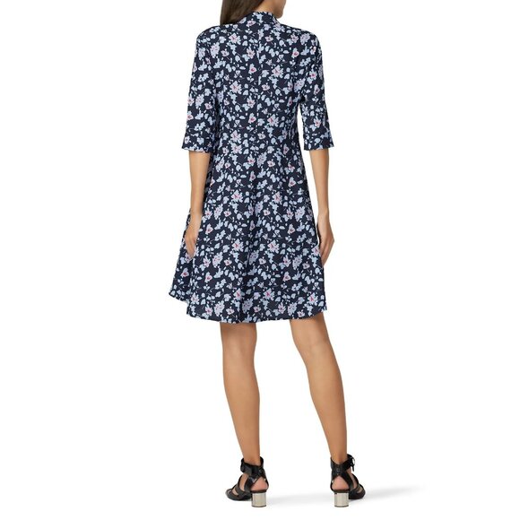 Derek Lam 10 Crosby x RTR Navy Floral Print A-Line Dress With 3/4 Sleeves & V-Ne - Picture 3 of 9